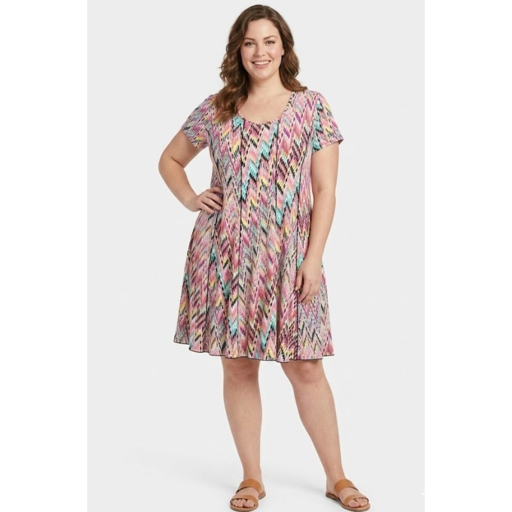 Sami & Jo Dress XL Multicolor Chevron Geometric Scoop Neck A-Line‎ Knit Stretch
